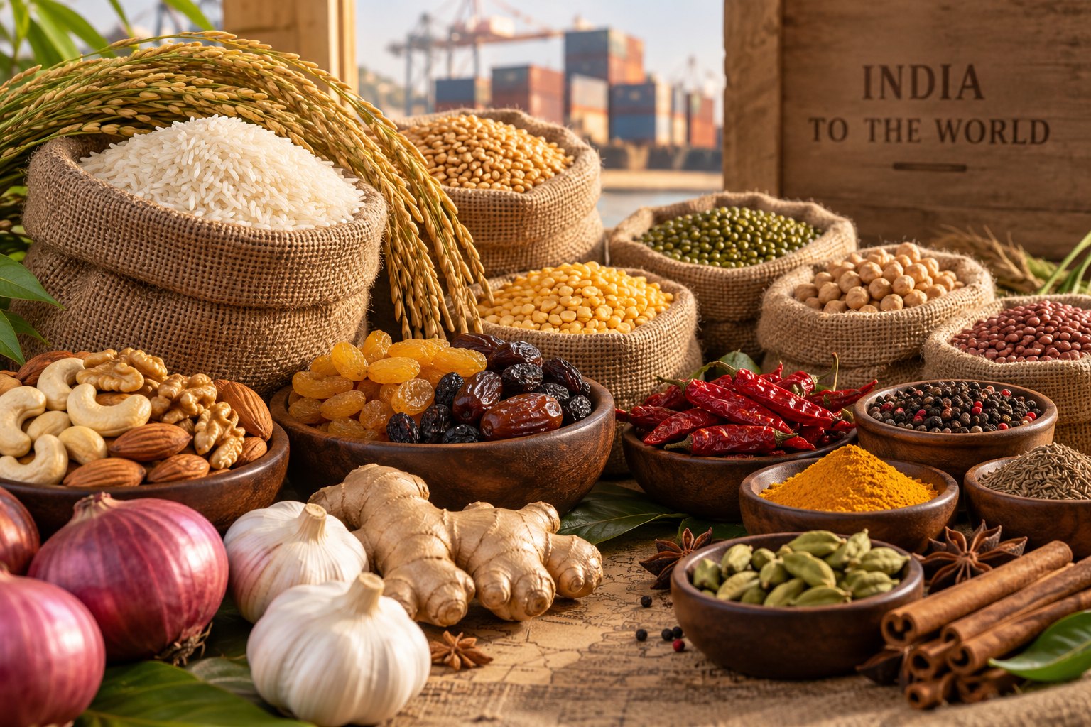 Indian rice, grains, pulses, nuts, spices and fresh ingredients arranged for trade