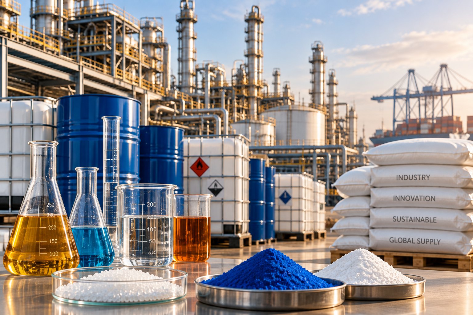 Chemical materials and laboratory vessels within an industrial setting