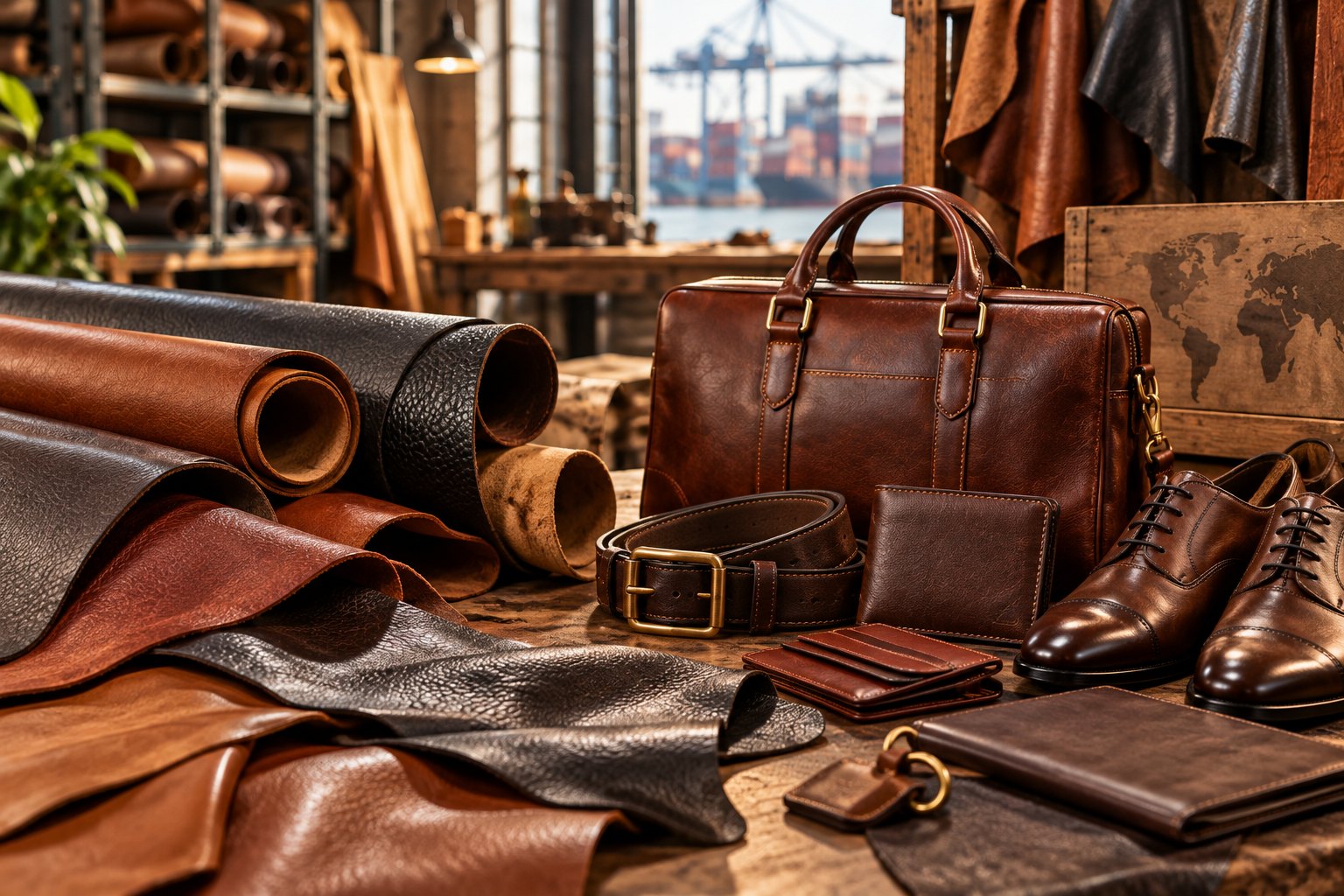 Leather materials, bags, footwear and accessories presented for trade