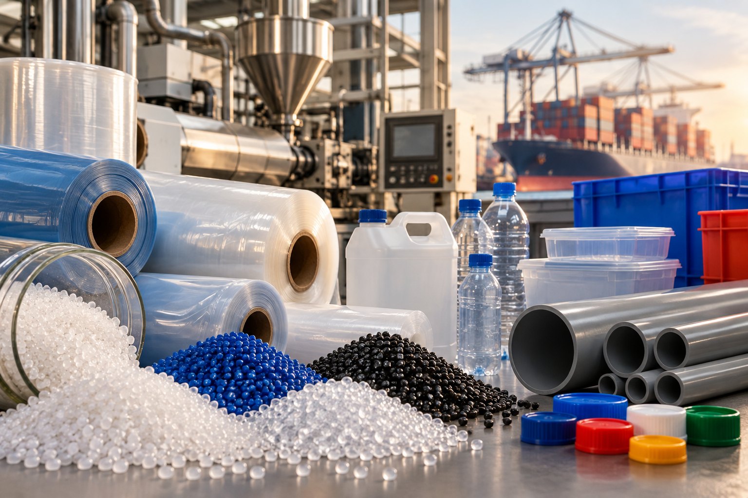 Plastic films, pellets, bottles, pipes and containers in a manufacturing setting